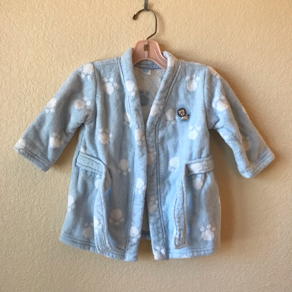 Carters Baby Blue Bathrobe Size 0 to 9 Months Paw Prints Lion Patch Cotton
